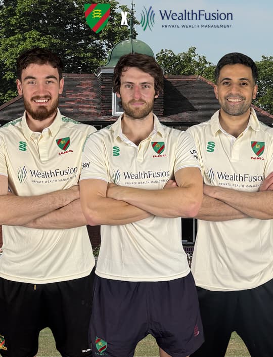 Ealing Cricket Club players in WealthFusion-branded shirts at the club ground