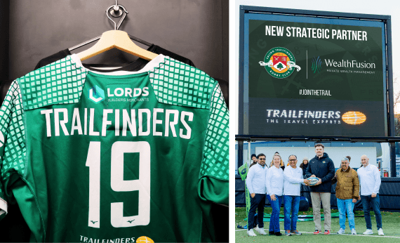 An Ealing Trailfinders number 19 shirt beside the pitchside board announcing WealthFusion as a new strategic partner